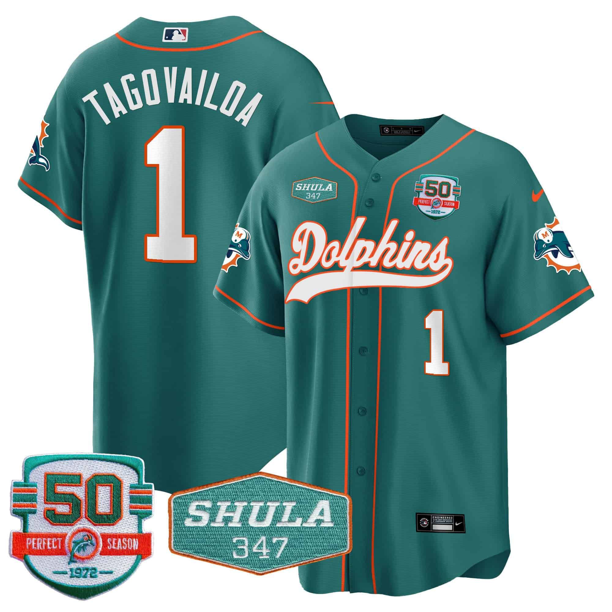 Men Miami Dolphins #1 Tagovailoa Green 2024 Nike 50th Don Shula Memorial Patch Baseball NFL Jersey style 1